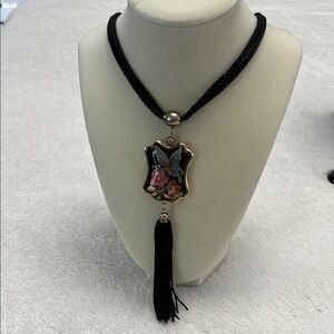 Vintage Black Cloistonne Pendent Tassel Rope Necklace, Butterfly/Flowers